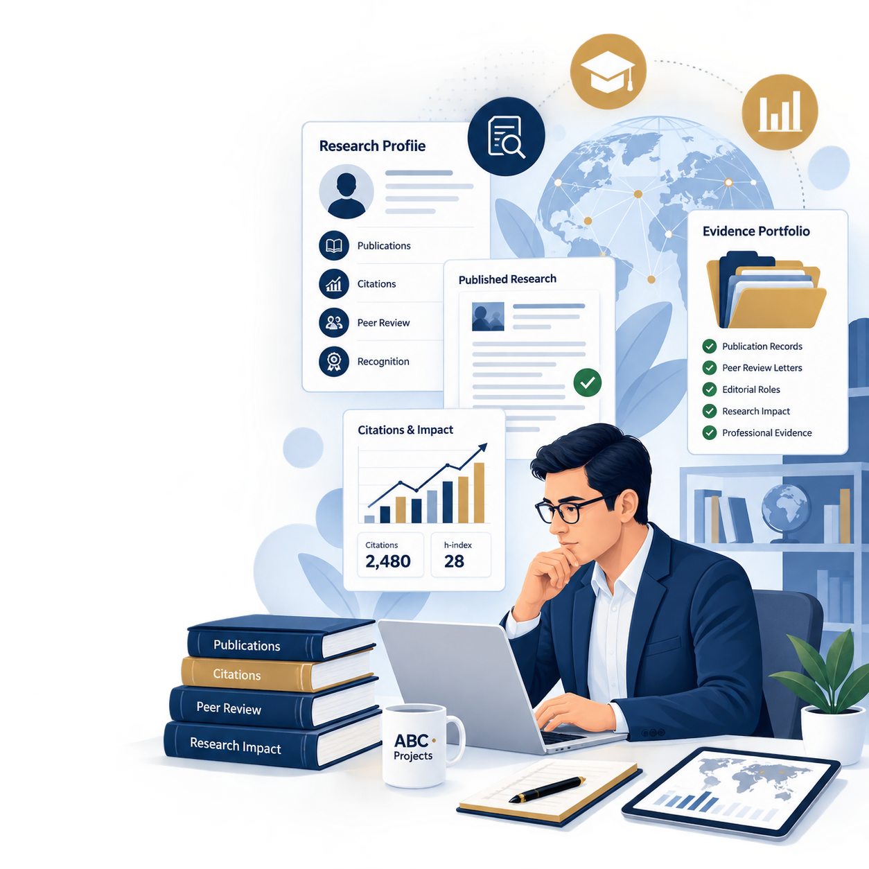 Research profile development, publications, citations, peer review and evidence portfolio support